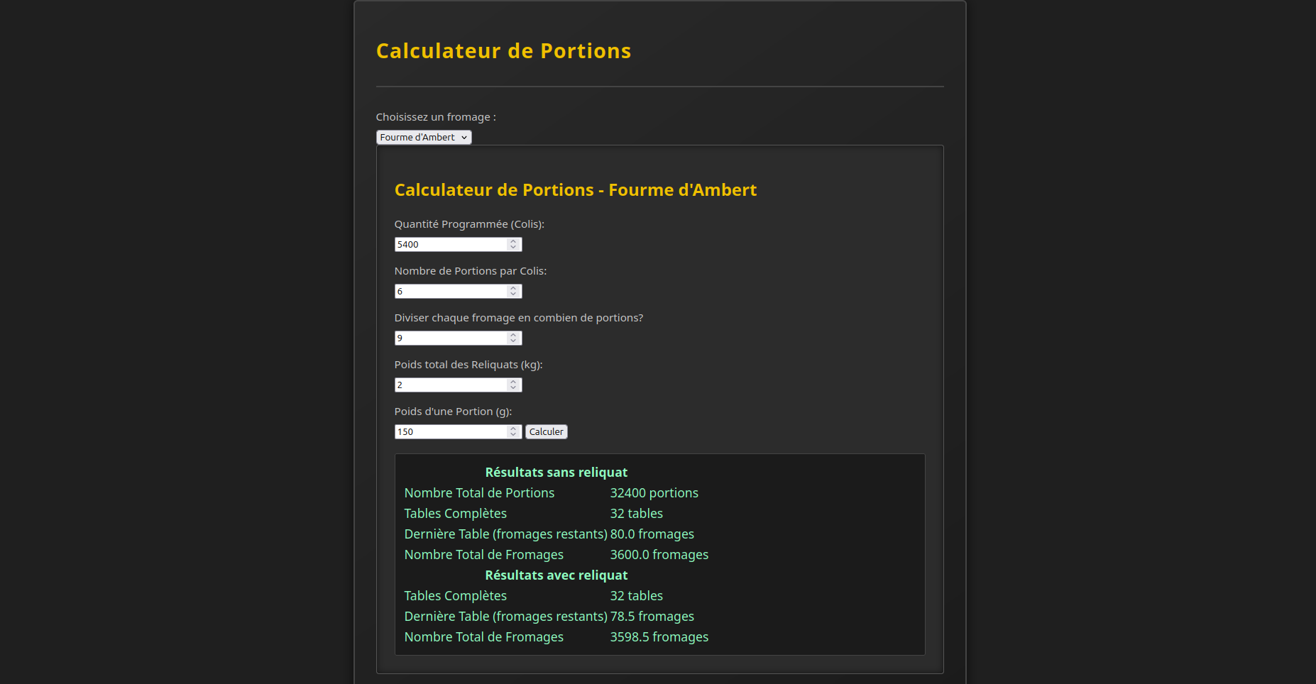 Application Calculateur de portions fromage